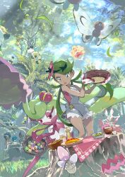 basket berry_(pokemon) black_hair blue_hair bowl butterfree castform castform_(sunny) cup dark-skinned_female dark-skinned_male dark_skin drinking_straw e_volution falling_leaves flower food food_in_mouth forest gen_1_pokemon gen_3_pokemon gen_7_pokemon green_eyes green_hair hair_flower hair_ornament heart highres holding holding_basket holding_bowl holding_spoon kecleon kiawe_(pokemon) lana_(pokemon) leaf long_hair looking_at_viewer lurantis mallow_(pokemon) morelull multicolored_hair nature nintendo olivia_(pokemon) open_mouth outdoors oven_mitts overalls passimian plate pokemon pokemon_(creature) pokemon_sm red_hair shiinotic short_hair spoon tree tree_stump tsareena twintails two-tone_hair very_long_hair