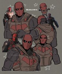 1boy bat_signal batman_(series) batman_symbol black_bodysuit black_gloves bodysuit chibi ciricearts dc_comics gloves gotham_knights highres hood hooded_vest hoodie jason_todd male_focus mask multiple_views muscular muscular_male red_hood_(dc) red_mask superhero_costume twitter_username vest