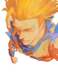 Rule 34 | 1boy, ahoge, blonde hair, clenched hand, close-up, closed mouth, dougi, dragon ball, dragonball z, forehead, foreshortening, from above, furrowed brow, hair up, hieumay, highres, lips, looking to the side, male focus, nose, simple background, sleeveless, solo, son goku, super saiyan, super saiyan 3, white background, wristband, yellow eyes