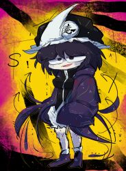 Rule 34 | !, 1girl, aodo mikan, arrow print, black eyes, black hat, black shirt, boots, breasts, frilled headwear, frilled shorts, frills, full body, genderswap, genderswap (otf), hair between eyes, hat, highres, hood, hood down, hooded jacket, jacket, large breasts, len&#039;en, light blush, long sleeves, looking at viewer, medium hair, mob cap, open clothes, open jacket, open mouth, puffy shorts, purple boots, purple hair, purple jacket, shirt, shitodo kuroji, shorts, sleeves past fingers, sleeves past wrists, smile, socks, solo, standing, triangular headpiece, turtleneck, turtleneck shirt, white shorts, white socks, wide sleeves, yellow background, zipper