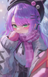 1girl absurdres bare_tree belt beret black_belt black_hat black_ribbon black_skirt blush closed_mouth demon_girl fake_horns gift green_eyes grey_jacket hair_ornament hairclip hat highres holding holding_gift hololive horned_headwear horns incoming_gift jacket long_hair long_sleeves looking_at_viewer mittens open_clothes open_jacket outdoors pink_mittens plaid_clothes plaid_scarf pleated_skirt purple_hair purple_scarf ribbon scarf shirt skirt snowing solo tokoyami_towa tokoyami_towa_(jirai_kei) tree twintails upper_body v-shaped_eyebrows valentine virtual_youtuber white_shirt x_hair_ornament y&#039;=&#039;y