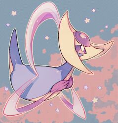 akadako animal_focus bags_under_eyes closed_mouth colored_sclera cresselia dot_mouth forehead_jewel full_body gem gen_4_pokemon hands_on_own_chest legendary_pokemon looking_to_the_side looking_up nintendo no_humans one-hour_drawing_challenge outline own_hands_together pokemon pokemon_(creature) purple_gemstone purple_sclera solo star_(symbol) white_eyes yellow_outline