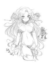 1990s_(style) 1girl armor barbariccia cagnazzo cain_highwind choker cleavage cloak final_fantasy final_fantasy_iv greyscale helmet kara_(color) long_hair midriff monochrome panties pointy_ears polearm rubicante scarmiglione smile spear turtle underwear very_long_hair weapon