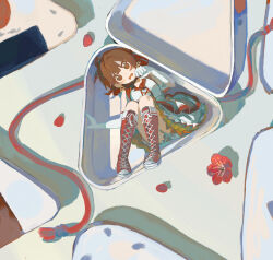 1girl absurdres ahoge boots box brown_eyes brown_hair commentary dress flower food frilled_dress frills full_body gakuen_idolmaster gloves hanami_ume highres idol idolmaster in_box in_container knee_boots knees_up looking_at_viewer lying mini_person minigirl on_back onigiri onigiri_(vuhz5735) open_mouth petals red_boots red_flower short_hair solo symbol-only_commentary the_rolling_riceball_(idolmaster) white_gloves