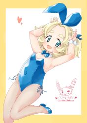 1girl :d arms_up blonde_hair blue_bow blue_bowtie blue_eyes blue_leotard blue_ribbon blue_shoes bow bowtie character_name covered_navel cream_pie_(nijiura_maids) croixsan detached_collar fishnet_pantyhose fishnets flat_chest futaba_channel hair_ribbon heart high_heels highres leg_up leotard nijiura_maids open_mouth pantyhose playboy_bunny rabbit_pose ribbon shoes short_hair smile solo strapless strapless_leotard thick_eyebrows watermark web_address white_wrist_cuffs wrist_cuffs