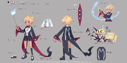 1boy 1girl 2boys akutare_(disgaea) archer_(disgaea) black_footwear black_shorts black_socks blonde_hair blue_fire bow bow_(music) bowtie reference_sheet child demon_boy demon_girl disgaea disgaea_rpg emizel_(disgaea) fire from_behind full_body guitar harada_takehito high_collar holding holding_wand instrument legs multiple_boys musical_note official_art pointy_ears red_bow red_bowtie red_eyes shorts skull_print socks violin wand white_bow white_bowtie
