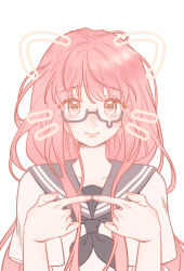1girl animal_ears bare_arms bespectacled black-framed_eyewear black_neckerchief brown_eyes cat_ears closed_mouth collarbone colored_eyelashes drawn_ears drawn_whiskers glasses grey_sailor_collar highres light_blush lipstick littlegrandpar long_hair long_sidelocks looking_at_viewer loose_hair_strand makeup neckerchief nervous_smile nikki_(nikki) nikki_(series) pink_hair pink_lips sailor_collar school_uniform serafuku shirt short_sleeves shy sidelocks simple_background smile solo straight-on teardrop-framed_glasses upper_body very_long_hair wavy_hair white_background white_shirt