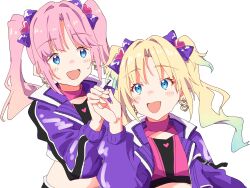 Rule 34 | 2girls, :d, above cleavage cutout, anyoji hime, blast!! (love live!), blonde hair, blue eyes, blue hair, blush, bow, collared jacket, earrings, gradient hair, hair bow, hair intakes, hair ornament, heart, heart earrings, heart hair ornament, highres, jacket, jewelry, link! like! love live!, long hair, long sleeves, love live!, midriff, mira-cra park!, multicolored hair, multiple girls, official alternate costume, official alternate hairstyle, open clothes, open jacket, open mouth, osawa rurino, pink hair, pink shirt, purple bow, purple jacket, shiroko79, shirt, simple background, smile, turtleneck, turtleneck shirt, twintails, virtual youtuber, white background
