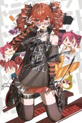 Rule 34 | absurdres, adjusting eyewear, alternate costume, arm at side, arm warmers, armpit crease, belt, black arm warmers, black belt, black boots, black gloves, black ribbon, black shirt, black thighhighs, boots, candy, chinese commentary, commentary request, crossed bangs, drill hair, dual persona, feijiu, fingerless gloves, food, glasses, gloves, hair between eyes, hair ribbon, hand up, highres, jewelry, kasane teto, kasane teto (utau), kneehighs, kneeling, lollipop, looking at viewer, looking over eyewear, mouth hold, necklace, number tattoo, pearto, red arm warmers, red hair, red nails, red skirt, red tattoo, ribbon, round eyewear, shirt, shoulder tattoo, single bare shoulder, skirt, socks, striped arm warmers, tattoo, teeth, thighhighs, twin drills, upper teeth only, utau, white background