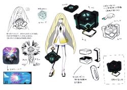 1girl black_leggings blonde_hair concept_art containment_unit cosmog crate dress gen_7_pokemon green_eyes hair_over_one_eye legendary_pokemon leggings long_hair looking_at_viewer lusamine_(pokemon) mature_female nintendo official_art pointing_out_the_details pokemon pokemon_sm sleeveless very_long_hair white_dress white_leggings