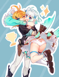 2girls :d ahoge antenna_hair aqua_eyes aqua_hair aqua_nails ass ass_cutout bare_shoulders black_boots black_gloves black_shirt blonde_hair blue_bow blue_eyes boots bow clothing_cutout commentary detached_sleeves dokibird_(vtuber) dokibird_(vtuber)_(bounty_hunter) fang frilled_panties frilled_sleeves frills gloves gradient_hair grin gun hair_between_eyes hair_bow hair_intakes hair_ornament handgun heart_cutout highres holster hug indie_virtual_youtuber long_sleeves looking_at_viewer maid_headdress mint_fantome mint_fantome_(minto_2.0) mole mole_on_ass mole_on_thigh multicolored_hair multiple_girls nail_polish one_eye_closed open_mouth outline panties pants paw_print_soles pointy_ears revolver ricegnat shirt short_hair simple_background single_sock single_thighhigh skin_fang smile socks sparkle symbol-only_commentary thigh_strap thighhighs underwear upskirt v virtual_youtuber weapon white_hair white_outline white_panties white_pants white_socks white_thighhighs wide_sleeves x_hair_ornament