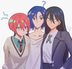 1boy 2girls ? amate_yuzuriha aqua_eyes black_hair blue_hair blush collared_shirt glaring gundam gundam_gquuuuuux highres jacket jitome long_sleeves looking_at_viewer looking_to_the_side lower_eyelashes_only multiple_girls necktie nyaan_(gundam_gquuuuuux) red_eyes red_hair school_uniform shirt short_hair shuji_ito simple_background sssuu_chan sweatdrop sweater upper_body white_background white_shirt yellow_eyes