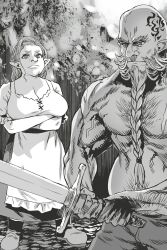 1boy 1girl arm_hair asanagi barabaradobanga beard braid braided_beard breasts brother_and_sister calmeradobanga chest_hair cleavage crossed_arms dwarf facial_hair frown greyscale head_tattoo highres holding holding_sword holding_weapon large_breasts long_hair monochrome non-web_source novel_illustration official_art orc_eiyuu_monogatari pointy_ears siblings standing sword topless_male weapon