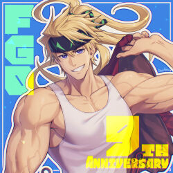 1boy anniversary blonde_hair blue_background blue_eyes collarbone fate/grand_order fate_(series) grin long_hair looking_at_viewer male_focus muscular muscular_male outline pectorals ponytail sakata_kintoki_(fate) sakata_kintoki_(heian_warrior_attire)_(fate) smile solo veins veiny_arms white_outline zanshi