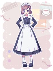 Rule 34 | 1girl, absurdres, apron, black dress, commentary request, cup, dress, full body, highres, magia record: mahou shoujo madoka magica gaiden, mahou shoujo madoka magica, mai akari, maid headdress, medium hair, plate, purple eyes, ruru (rurumagi), solo, teacup, waist apron, white apron, white headdress