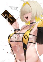 1girl :d absurdres black_choker blonde_hair breasts cellphone choker cum cum_on_body cum_on_breasts cum_on_upper_body cum_string elegg_(boom_and_shock)_(nikke) elegg_(nikke) english_text goddess_of_victory:_nikke hair_intakes highres holding holding_phone implied_after_paizuri large_breasts navel open_mouth phone smartphone smile solo swimsuit the_atko
