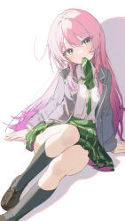 1girl absurdres bang_dream! bang_dream!_it&#039;s_mygo!!!!! black_socks brown_shoes chihaya_anon coria green_necktie grey_jacket highres jacket kneehighs loafers long_hair long_sleeves looking_at_viewer mouth_hold necktie open_clothes open_jacket pink_hair school_uniform shadow shirt shoes simple_background sitting socks solo white_background white_shirt