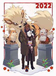 2022 2boys alternate_color alternate_costume arcanine black_hair boots brown_coat buttons closed_mouth coat commentary creatures_(company) dark-skinned_male dark_skin eyeshadow framed game_freak gen_1_pokemon gen_7_pokemon green_eyes grey_eyeshadow growlithe hair_over_one_eye hand_up headband highres hisuian_growlithe holding holding_pokemon litten long_hair long_sleeves makeup male_focus multicolored_hair multiple_boys nintendo orange_headband pale_skin piers_(pokemon) pokemon pokemon_(creature) pokemon_swsh raihan_(pokemon) shiny_and_normal shiny_pokemon standing two-tone_hair v white_hair zigzagdb