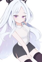 1girl absurdres between_legs black_horns black_skirt black_thighhighs blue_archive blush collared_shirt commentary_request hand_between_legs highres hina_(blue_archive) horns long_hair looking_at_viewer purple_eyes shirt simple_background sitting skirt sleeveless sleeveless_shirt solo thighhighs tottun_happy very_long_hair white_background white_hair white_shirt
