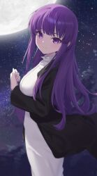 1girl absurdres black_coat closed_mouth coat commentary dress fern_(sousou_no_frieren) from_side head_tilt highres jei_(user_tckk7448) long_dress long_hair looking_at_viewer moon night night_sky open_clothes open_coat purple_eyes purple_hair sky solo sousou_no_frieren white_dress