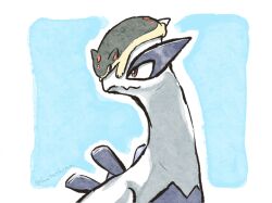 animal_focus border brown_eyes closed_mouth commentary_request creatures_(company) game_freak gen_2_pokemon highres hotathino legendary_pokemon looking_at_another lugia nintendo no_humans on_head pokemon pokemon_(creature) quilava size_difference white_border