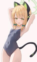 1girl absurdres alternate_costume animal_ear_headphones animal_ears armpits arms_behind_head arms_up blonde_hair blue_archive blue_one-piece_swimsuit blush bow breasts cat_ear_headphones cat_ears cat_tail collarbone covered_navel cowboy_shot fake_animal_ears green_bow green_eyes green_halo hair_bow halo headphones highres looking_at_viewer midori_(blue_archive) one-piece_swimsuit parted_lips school_swimsuit short_hair sidelocks simple_background small_breasts small_sweatdrop solo springrain_06 swimsuit tail white_background