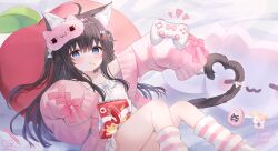1girl absurdres ahoge animal_ear_fluff animal_ears apple_hair_ornament bag bare_shoulders bed_sheet black_hair bow cat_ears cat_girl cat_tail collarbone commission controller copyright_request dress feet_out_of_frame food-themed_hair_ornament food_in_mouth game_controller hair_bow hair_ornament highres jacket long_hair long_sleeves looking_at_viewer loose_socks mask mask_on_head mouth_hold notice_lines open_clothes open_jacket outstretched_arm pink_bow pink_jacket puffy_long_sleeves puffy_sleeves rucaco signature skeb_commission sleep_mask sleeveless sleeveless_dress sleeves_past_fingers sleeves_past_wrists socks striped_clothes striped_socks tail two_side_up very_long_hair virtual_youtuber white_bow white_dress