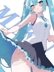 1girl :o aqua_eyes aqua_hair aqua_necktie aqua_trim black_skirt blurry blurry_background blush character_name clothes_lift collared_shirt commentary_request gluteal_fold hair_between_eyes hatsune_miku highres looking_at_viewer necktie oekakishizuku panties pleated_skirt shirt skirt skirt_lift sleeveless sleeveless_shirt solo underwear vocaloid watermark white_panties