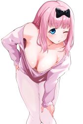 1girl bent_over black_bow black_bowtie blue_eyes bow bowtie breasts cleavage fujiwara_chika hair_ribbon hand_on_knee hand_on_own_hip hand_on_own_knee hanging_breasts highres kaguya-sama_wa_kokurasetai_~tensai-tachi_no_renai_zunousen~ large_breasts leaning_forward long_hair one_eye_closed pantyhose pink_sweater puckered_lips re:ankh ribbon simple_background solo sweater white_background white_pantyhose wink