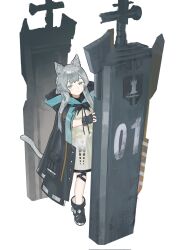 Rule 34 | 1girl, animal ear fluff, animal ears, arknights, black coat, black gloves, closed mouth, coat, corrupted twitter file, fingerless gloves, full body, gloves, green eyes, grey tail, highres, infection monitor (arknights), kuthi0510, looking at viewer, rosmontis (arknights), shield, sidelocks, simple background, smile, solo, standing, tail, white background