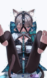 1girl animal_ear_fluff animal_ears ball_gag bdsm bilingual_commentary black_leotard black_pantyhose breasts cat_ears cat_girl cat_tail commentary drooling english_commentary gag gag_harness gagged genshin_impact grey_hair highres legs_up leotard liclac lynette_(genshin_impact) mixed-language_commentary no_shoes one_eye_closed pantyhose purple_eyes saliva sex_toy short_hair simple_background small_breasts solo star_sticker stirrup_legwear tail teeth toeless_legwear toes trembling vibrator vibrator_under_clothes white_background