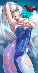 1girl absurdres alternate_costume arm_up armpits bat_(animal) bat_wings blue_eyes blue_leotard blue_sky breasts haysey highres leotard long_hair looking_at_viewer low_wings open_mouth pantyhose ponytail rwby scar scar_across_eye scar_on_face sky small_breasts solo tongue tongue_out torn_clothes torn_pantyhose very_long_hair weiss_schnee white_pantyhose wings