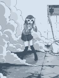 1girl bad_feet bayonet blazer blood blood_on_face blood_on_hands coughing coughing_blood crack cracked_floor empty_eyes english_text full_body gun hamsterfragment hands_up holding holding_mask jacket jaggy_lines leaning_forward long_sleeves mask masquerade_mask medium_hair monochrome no_pupils no_shoes open_mouth original over-kneehighs pigeon-toed planted pleated_skirt school_uniform sign skirt smoke solo standing suicidal_girl_(hamsterfragment) teeth thighhighs tile_wall tiles upper_teeth_only weapon you&#039;re_doing_it_wrong zettai_ryouiki