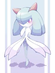 blush colored_skin gen_3_pokemon green_hair green_skin hair_over_one_eye horns kirlia multicolored_skin narumiya_pkmn nintendo pink_eyes pokemon pokemon_(creature) sidelocks signature simple_background two-tone_skin white_skin