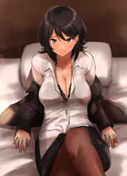 Rule 34 | 1girl, amagami, arm support, black bra, black hair, black jacket, black pantyhose, bra, breasts, cleavage, commentary, hashtag-only commentary, highres, jacket, lace, lace-trimmed bra, lace trim, looking at viewer, on bed, pantyhose, partially unbuttoned, pillow, shirt, short hair, solo, takahashi maya, underwear, white shirt, yoo tenchi