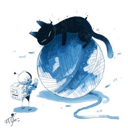 Rule 34 | 1other, animal, animal focus, artist name, backpack, bag, black cat, blue jacket, blue sky, cat, closed eyes, cloud, commentary, fish, flying fish, gloves, hand up, helmet, highres, jacket, kazunoko (kazunoko zunoco), looking at animal, mini person, original, radio antenna, signature, simple background, sky, space helmet, standing, whiskers, white background, white gloves, yarn, yarn ball