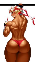 1boy absurdres ass bandana black_gloves blonde_hair bloody_max_(tealstarranger) cup disposable_cup drinking_straw embarrassed fingerless_gloves gloves highres looking_at_viewer looking_back multicolored_hair muscular original panties red_eyes red_hair red_panties short_hair solo sotcho trap two-tone_hair underwear