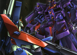 aeug artist_request battle beam_cannon beam_rifle duel energy_gun glowing green_eyes gundam gundam_perfect_file gundam_zz holding holding_weapon machinery mecha mecha_focus mobile_suit neo_zeon official_art psyco_gundam_mk_ii red_eyes robot scan science_fiction scope shield size_difference traditional_media v-fin weapon zz_gundam