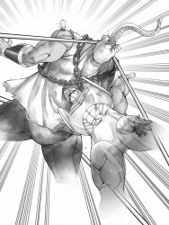 Rule 34 | 2boys, abs, armor, attack, biceps, chain, clenched hands, dutch angle, epic, fur trim, helmet, horns, kazeya kazuya, kinnikuman, large pectorals, looking at viewer, mammoth horns, mammothman, manly, mask, monster boy, multiple boys, muscular, open mouth, pectorals, restrained, robin mask, wrestling, wrestling outfit, wrestling ring