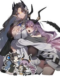2girls animalization arknights bird black_coat black_dress black_hair blue_eyes blush breasts chibi chibi_inset closed_mouth coat collared_shirt commission cropped_legs dress earrings facial_mark fang flower forehead_jewel forehead_mark fuuga_(perv_rsity) grey_shirt hair_flower hair_ornament hanging_breasts head_tilt height_difference highres horns hug jacket jewelry large_breasts long_coat long_hair long_sleeves looking_at_another magallan_(arknights) medium_breasts mole mole_under_mouth multiple_girls open_mouth parted_bangs penguin pointy_ears purple_eyes purple_hair shirt short_dress sidelocks simple_background skeb_commission smile standing tail teeth translation_request typhon_(arknights) valarqvin_(arknights) very_long_hair waist_hug white_background white_coat white_flower white_jacket