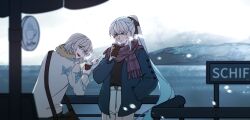 1boy 1girl absurdres artist_request black_bow blue_eyes blush bow braid bug butterfly coat commission fate/grand_order fate_(series) grey_hair hair_between_eyes hair_bow half_up_braid highres insect long_hair morgan_le_fay_(fate) oberon_(fate) oberon_(third_ascension)_(fate) ponytail second-party_source short_hair white_hair