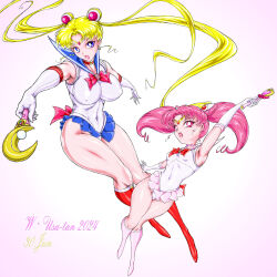 2girls bishoujo_senshi_sailor_moon blonde_hair blue_eyes blue_sailor_collar blue_skirt boots breasts chibi_usa choker crescent crescent_earrings double_bun earrings elbow_gloves gloves hair_bun highres holding holding_wand jewelry large_breasts leotard long_hair looking_at_viewer mother_and_daughter multiple_girls open_mouth pink_boots pink_choker pink_hair pink_skirt red_choker red_eyes red_footwear sailor_collar sailor_moon skirt small_breasts thigh_boots tsukino_usagi twintails very_long_hair vyz03110 wand white_gloves white_leotard