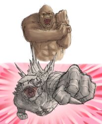 2boys ape artist_request blue_eyes claws clenched_hands crossover foreshortening giant giant_monster godzilla godzilla_(series) godzilla_x_kong:_the_new_empire gorilla highres kaiju king_kong king_kong_(series) legendary_pictures meme meme_attire monster monsterverse multiple_boys no_humans no_pupils parody sharp_teeth simple_background summoning teamwork teeth toho ultra_series yellow_eyes