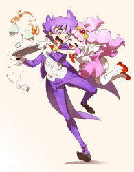 1boy 1girl aroma_(go!_princess_precure) aroma_(go!_princess_precure)_(human) bad_id bad_pixiv_id bloomers brother_and_sister butler glomp go!_princess_precure hetero highres hug long_hair maid personification pink_hair precure puff_(go!_princess_precure) puff_(go!_princess_precure)_(human) purple_hair sakuma_sanosuke siblings smile white_bloomers
