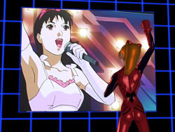 1990s_(style) 2girls 3d ass back breasts cowboy_shot crossover female_focus karaoke kirigoe_mima lowres multiple_girls music neon_genesis_evangelion perfect_blue retro_artstyle singing souryuu_asuka_langley standing upper_body