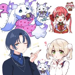Rule 34 | 1other, 3girls, :o, animal costume, animal hood, ascot, bear costume, bear hood, blowing kiss, bow, bowtie, breasts, chibikemo, cleavage, grey jacket, hair ornament, heart, heterochromia, highres, hiodoshi ao, hiodoshi ao (1st costume), hiodoshi ao (artist), hololive, hololive dev is, hood, houshou kumarine, houshou marine, houshou marine (1st costume), houshou marine (artist), jacket, long sleeves, lunlun (artist), lunlun (nijisanji), mole, mole under mouth, multiple girls, nijisanji, no eyepatch, one eye closed, pirate, pom pom (clothes), pom pom hair ornament, red ascot, red bow, red bowtie, red hair, rope, see-through cleavage, see-through clothes, shigure ui, shigure ui (vtuber), shigure ui (vtuber) (young), shimenawa, short twintails, sleeveless, sleeveless jacket, snake, twintails, virtual youtuber, wolf cut, yellow eyes
