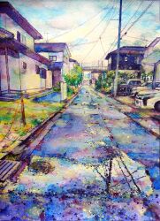 absurdres acrylic_paint_(medium) blue_sky car day grass highres house jobanni landscape motor_vehicle original painting_(medium) porthole power_lines reflection reflective_water road sky storm_drain street street_gutter traditional_media utility_pole