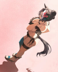 1girl animal_ears ass bikini breasts cleavage feet flower hair_bun hair_flower hair_ornament highres horse_ears horse_girl horse_tail looking_to_the_side mejiro_ramonu_(umamusume) midorin_567 multicolored_hair outdoors sand sandals shadow solo standing swimsuit tail umamusume wide_hips
