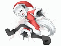 Rule 34 | 1girl, :d, absurdres, black eyes, black gloves, black pantyhose, boots, fang, gloves, hat, highres, long hair, open mouth, original, pantyhose, santa costume, santa hat, simple background, smile, sonic (series), tail, vreparty, white background, white hair