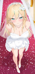 1girl absurdres arms_behind_back barbell_piercing blonde_hair blush breasts bridal_veil cleavage commission covered_navel dress ear_piercing eikawa_suru flower from_above full_body green_eyes green_hair hair_flower hair_ornament hairclip highres industrial_piercing large_breasts looking_at_viewer multicolored_hair original piercing skeb_commission sleeveless sleeveless_dress smile solo streaked_hair tiara veil wedding_dress white_dress